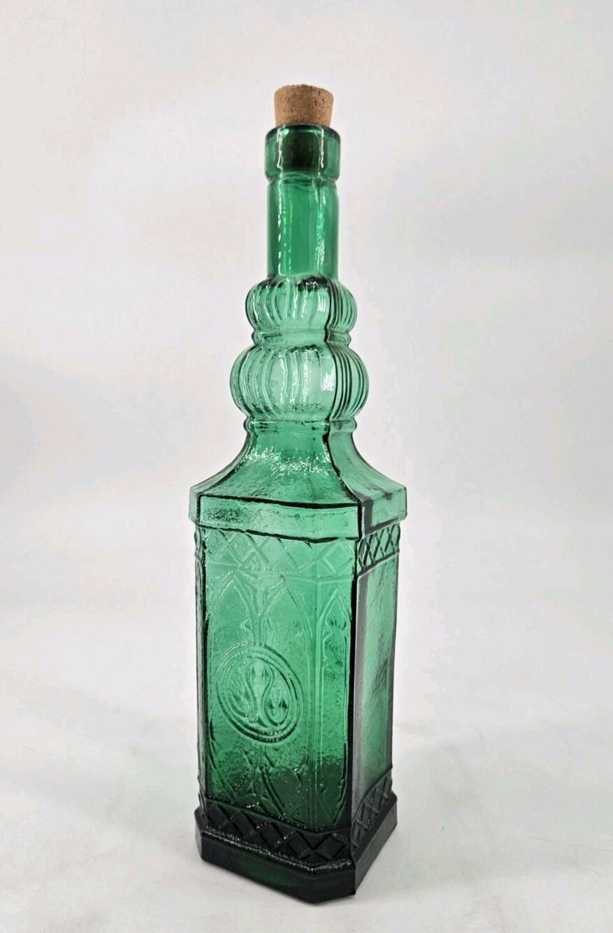 Vintage Himark Enterprises Emerald Green Ornate Bottle With Cork Made In Spain